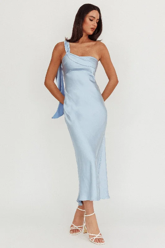 Hurry, While Stocks Last Carmel One-Shoulder Sash Maxi Dress Baby Blue