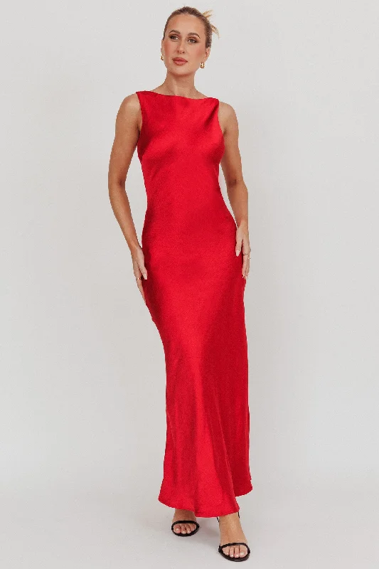 Special Shopping Event Carmine Satin Sleeveless Maxi Dress Wine
