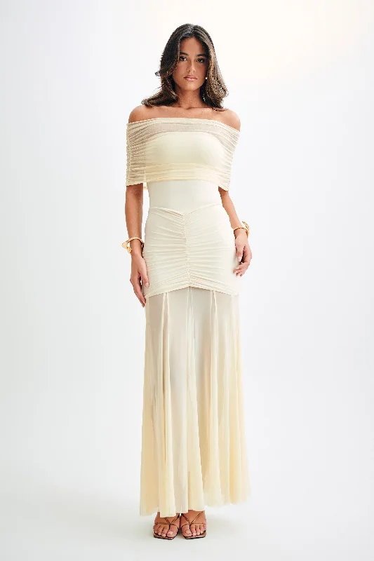 Weekend Clearance Event Caspian Slinky And Mesh Off Shoulder Maxi Dress - Ivory