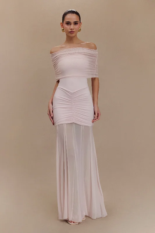 Weekend Deal Fest Caspian Slinky And Mesh Off Shoulder Maxi Dress - Pale Pink