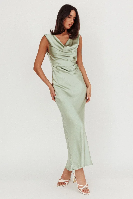 Massive Sale Event Chills Cowl Neck Satin Maxi Dress Sage