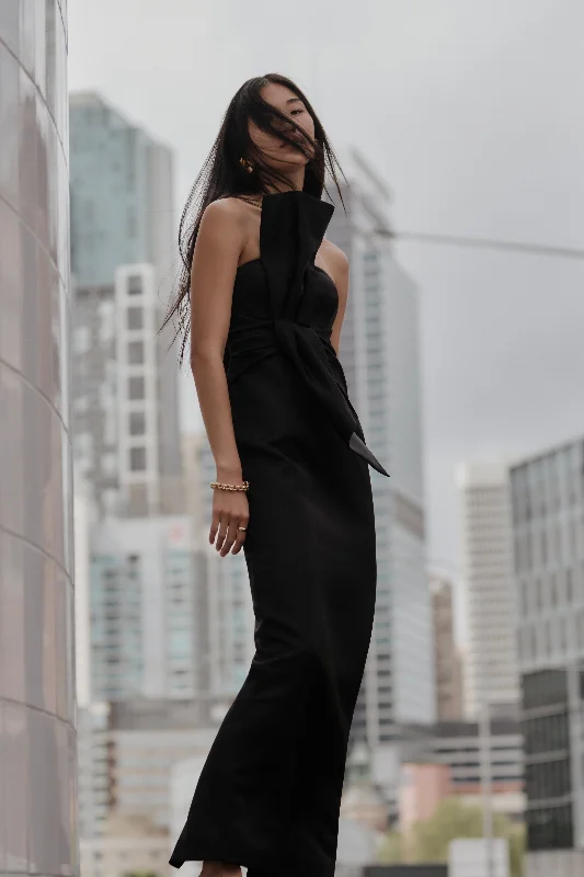 Weekend Steals Cyrill Strapless Satin Structured Maxi Dress - Black
