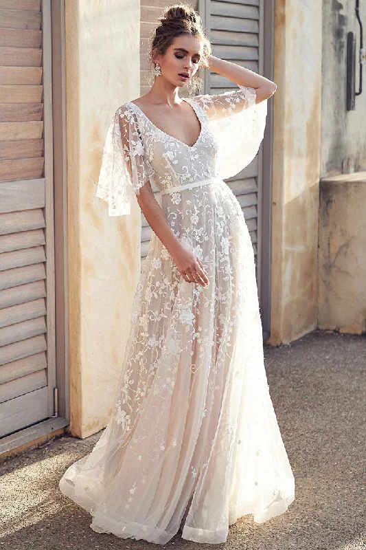 Weekend Exclusive Bargains Dreamy Backless Flutter Sleeve Floral Embroidered Wedding Dress - White Weekend Exclusive Bargains Dreamy Backless Flutter Sleeve Floral Embroidered Wedding Dress - White