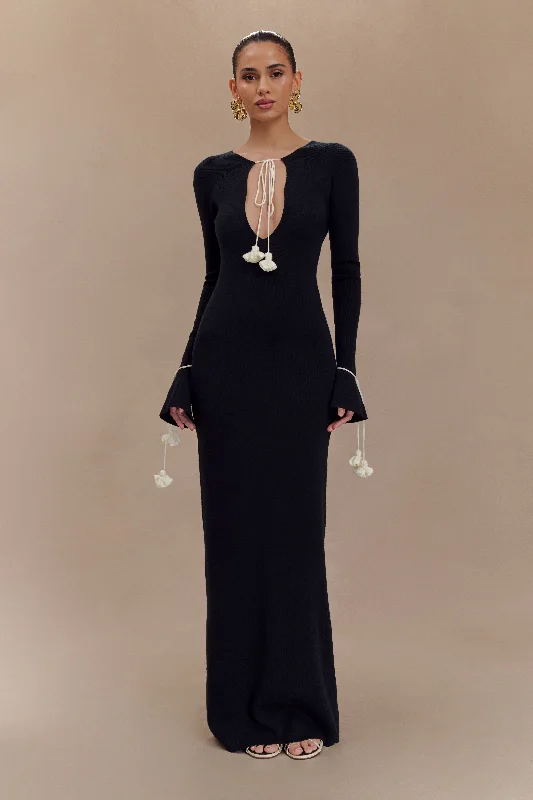 Weekend Special Erica Knit Maxi Dress With Floral Ties - Black And White