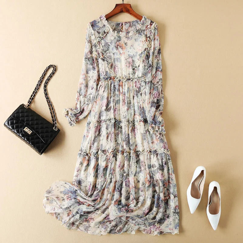 Exclusive Discounts Just for You Floral Long Sleeve Silk Dress
