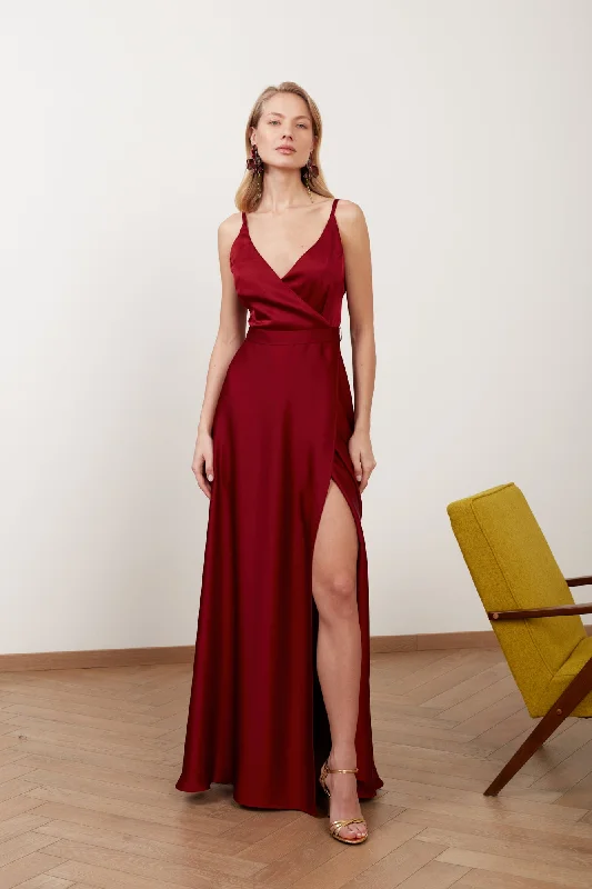 Weekend Low Prices FREYA burgundy red satin maxi wedding guest dress