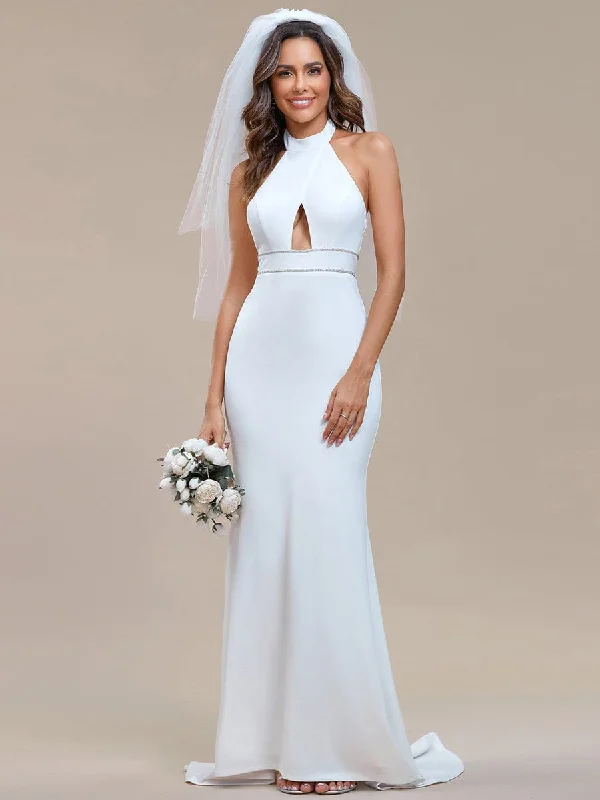 Halter Hollow Out Sleeveless Waist Detail Mermaid Wedding Dress