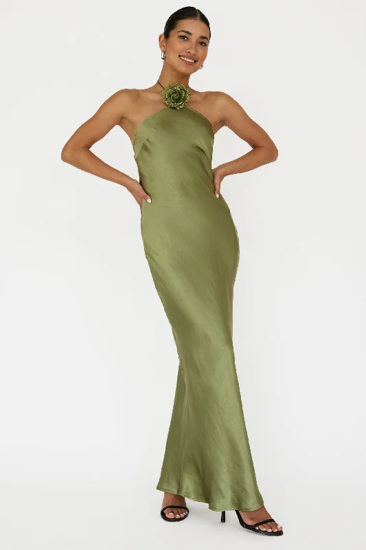 Big Bargain Bonanza High Roller Flower Decoration Halter Dress Olive