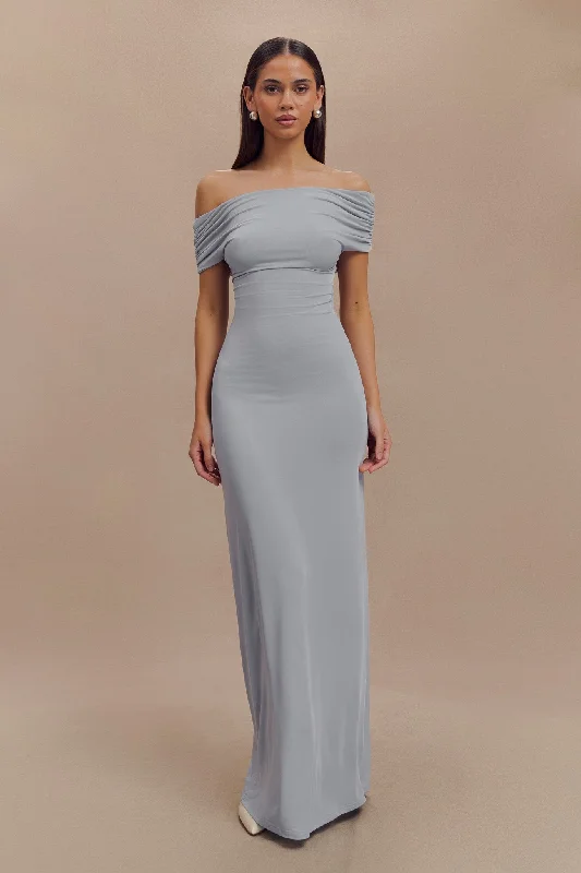 Weekend Bonanza Imogen Off Shoulder Slinky Maxi Dress - Dusty Blue
