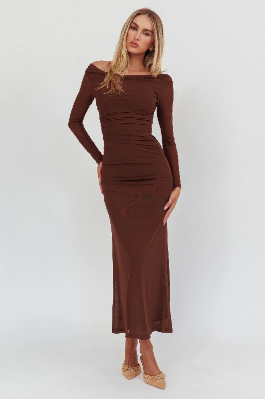 Unbeatable Bargains In Blooms Off Shoulder Mesh Maxi Dress Chocolate