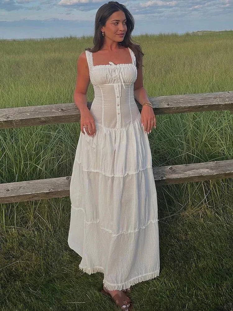 Lace Up Slim Maxi Dresses Women High Waist Corset White Wedding Maxi Dress