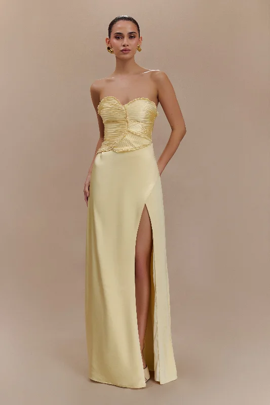 Weekend Clearance Frenzy Larissa Satin Maxi Dress With Ruched Petals - Lemon