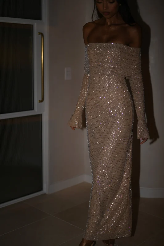 Weekend Massive Discounts Marcel Off Shoulder Diamante Maxi Dress - Nude