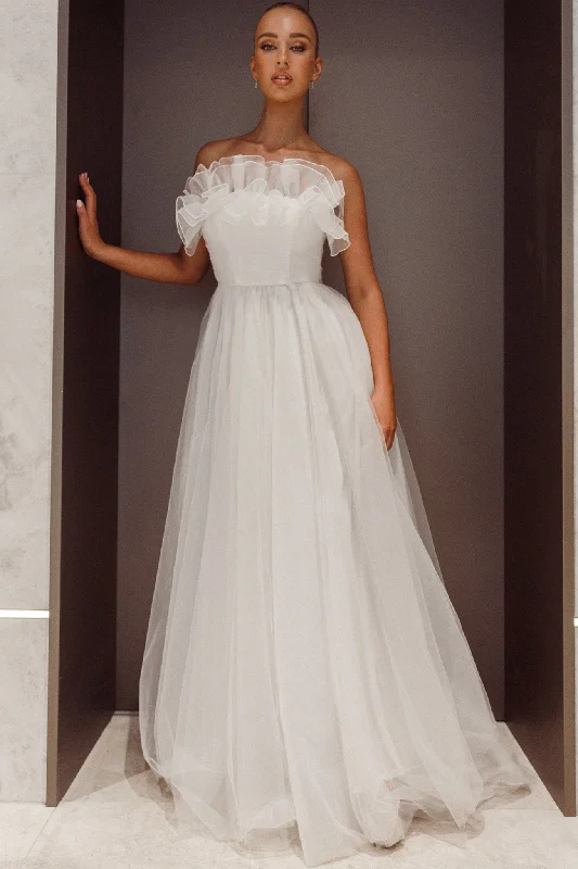Weekend Steals and Deals Marietha Organza Frill Maxi Wedding Dress White