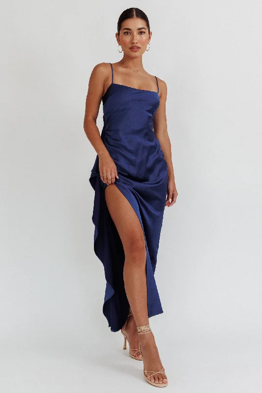 Limited-Time Bargains Night Swim Satin Leg Slit Maxi Dress Navy