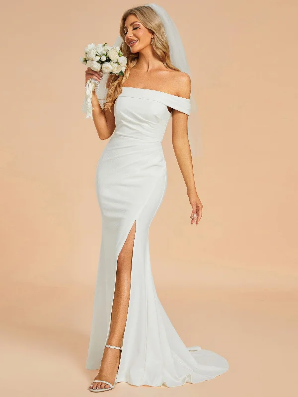 Off Shoulder Pleated Mermaid Wedding Dress featuring High Slit