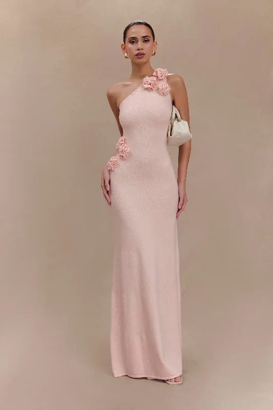 Weekend Flash Offers Paloma One Shoulder Knit Maxi Dress With Flowers - Baby Pink