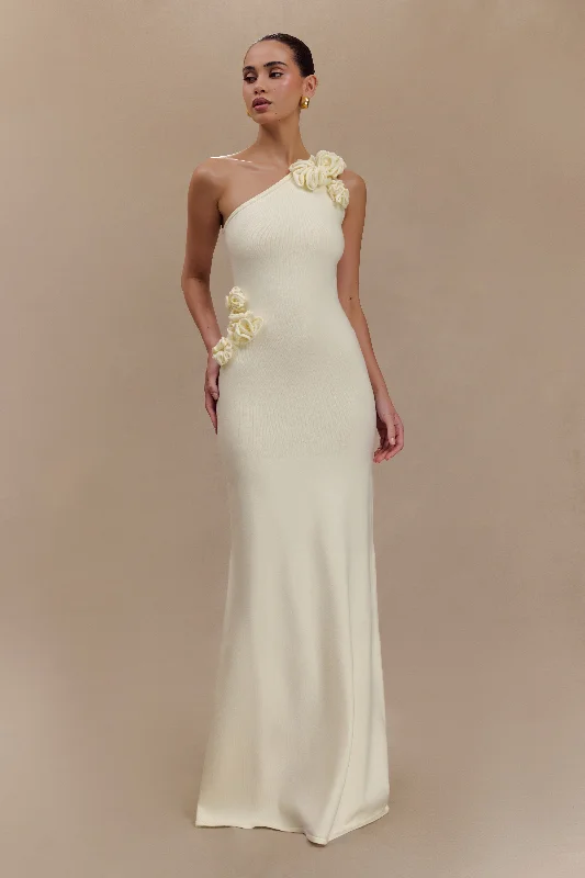 Weekend Closeout Deals Paloma One Shoulder Knit Maxi Dress With Flowers - Ivory