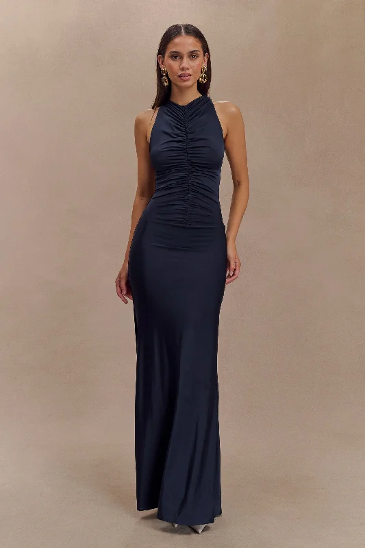Super Price Slash Priya Slinky Ruched Halter Maxi Dress - Navy