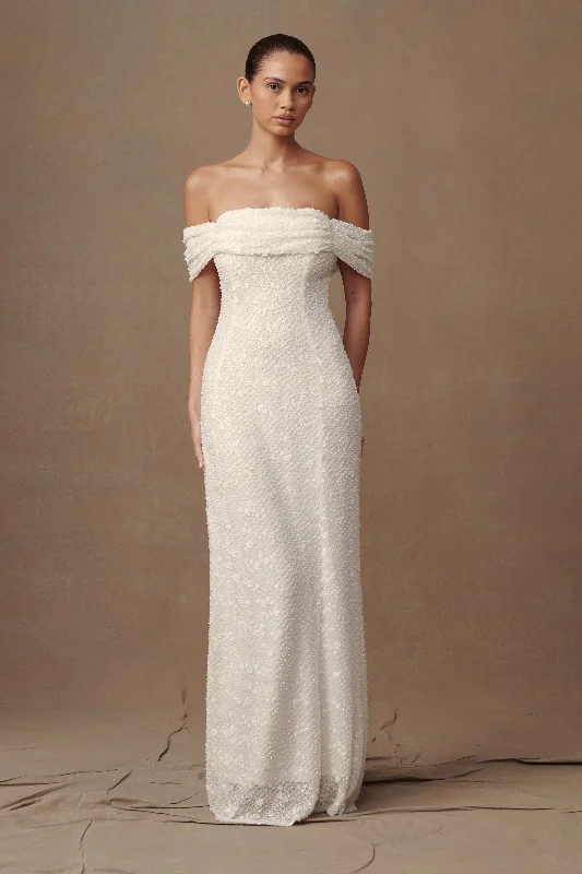 Weekend Special Sale Priyanka Daisy Beaded Off Shoulder Wedding Gown - White
