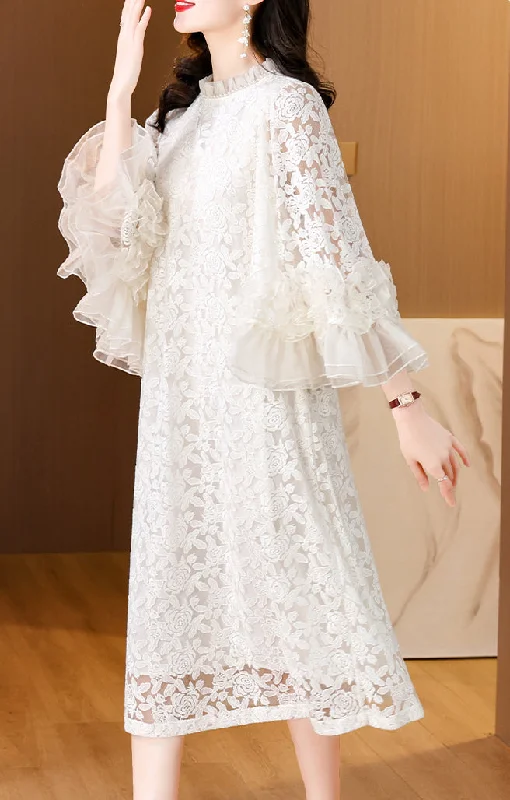 Weekend Only Steals Round neck lace jacquard custom beaded trumpet sleeve dress for women