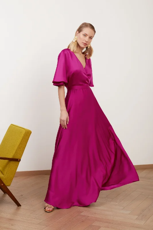 Weekend Clearance Frenzy SOLENE fuchsia satin long wedding guest dress