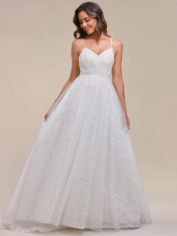 Spaghetti Strap Waist Pearl Sweetheart Collar Tulle Wedding Dress with Lace