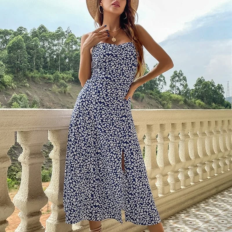 DressBetty - Summer Fashion Bohemian Sleeveless Dress for Women Vintage Sexy Floral Silk Maxi Robe Casual Wedding Guest Long Dresses