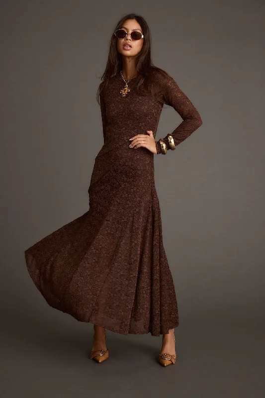 Shop & Save Today Tierra Brown Lace Long Sleeve Maxi Dress