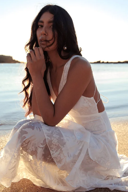 End-of-Season Sale Veda Strappy Back Ruffle Chiffon Maxi Dress White