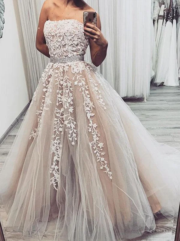 Big Discount Event A Line Champagne Lace Wedding Dress, Champagne Lace Prom Dresses Formal Graduation Evening Dresses