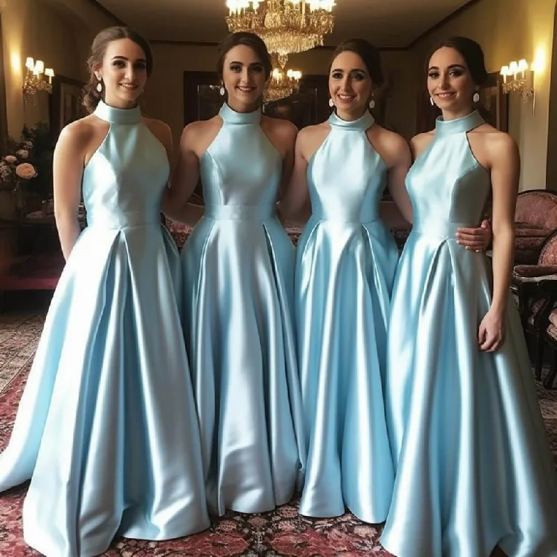 Weekend Best Price Deals A Line Hot Halter Blue Satin Bridesmaid Dresses Sleeveless Wedding Party Dresses