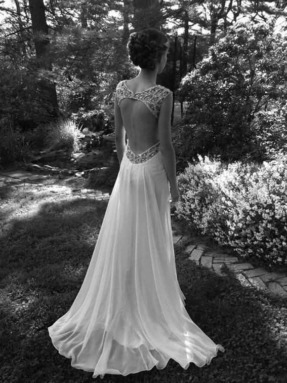 A Line Ivory Backless Wedding Dresses, Long Backless Prom Dresses