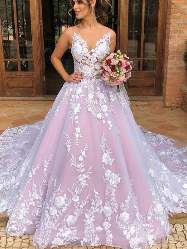 Weekend Buy One Get One A-line Lace Floral Pink Wedding Dresses, Flower Elegant Wedding Gowns, Romantic Bridal Wedding Dresses