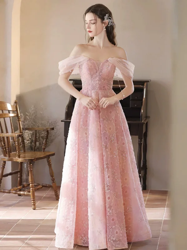 Weekend Price Slash Day A Line Off Shoulder Pink Lace Long Prom Dresses, Off The Shoulder Lace Pink Long Formal Evening Dresses Weekend Price Slash Day A Line Off Shoulder Pink Lace Long Prom Dresses, Off The Shoulder Lace Pink Long Formal Evening Dresses