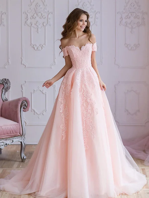 Super Deal A Line Off Shoulder Pink Lace Prom Dresses, Pink Lace Wedding Dresses, Evening Dresses