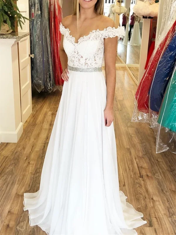 A Line Off Shoulder White Lace Chiffon Long Prom Dresses, Off The Shoulder White Lace Wedding Dresses, Lace Formal Evening Dresses