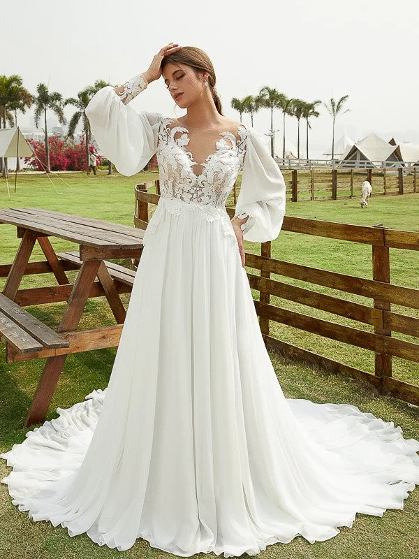 Weekend Super Savings A-Line/Princess Chiffon Applique Scoop Long Sleeves Chapel Train Wedding Dresses