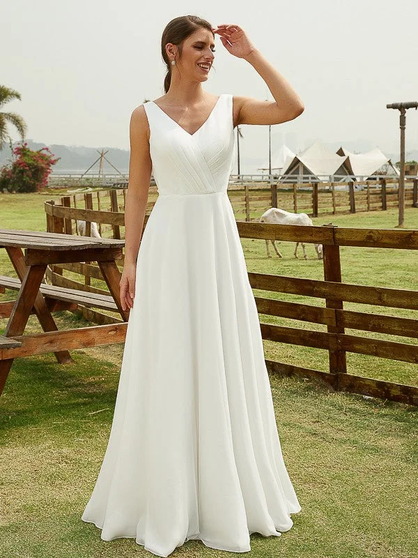 Weekend Discount Fest A-Line/Princess Chiffon Ruched V-neck Sleeveless Floor-Length Wedding Dresses