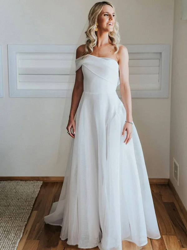 Weekend Big Sale A-Line/Princess Organza Ruched One-Shoulder Sleeveless Court Train Wedding Dresses