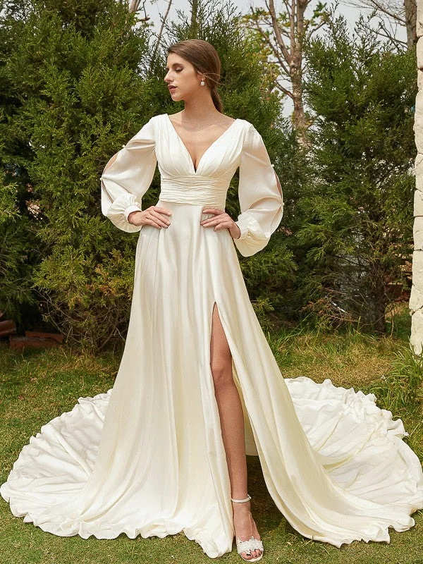 Weekend Flash Discount A-Line/Princess Satin Chiffon Ruched V-neck Long Sleeves Cathedral Train Wedding Dresses