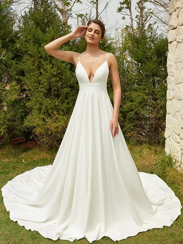 Weekend Bargain Shopping A-Line/Princess Stretch Crepe Lace V-neck Sleeveless Cathedral Train Wedding Dresses