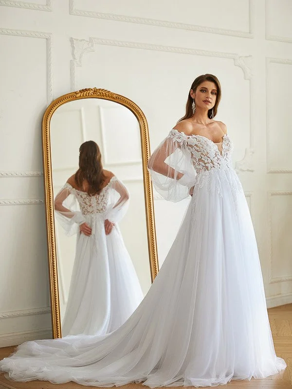 Weekend Big Discount Event A-Line/Princess Tulle Applique Off-the-Shoulder Long Sleeves Chapel Train Wedding Dresses