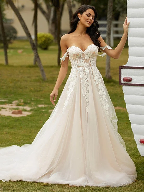 Mega Discounts A-Line/Princess Tulle Applique Off-the-Shoulder Sleeveless Chapel Train Wedding Dresses