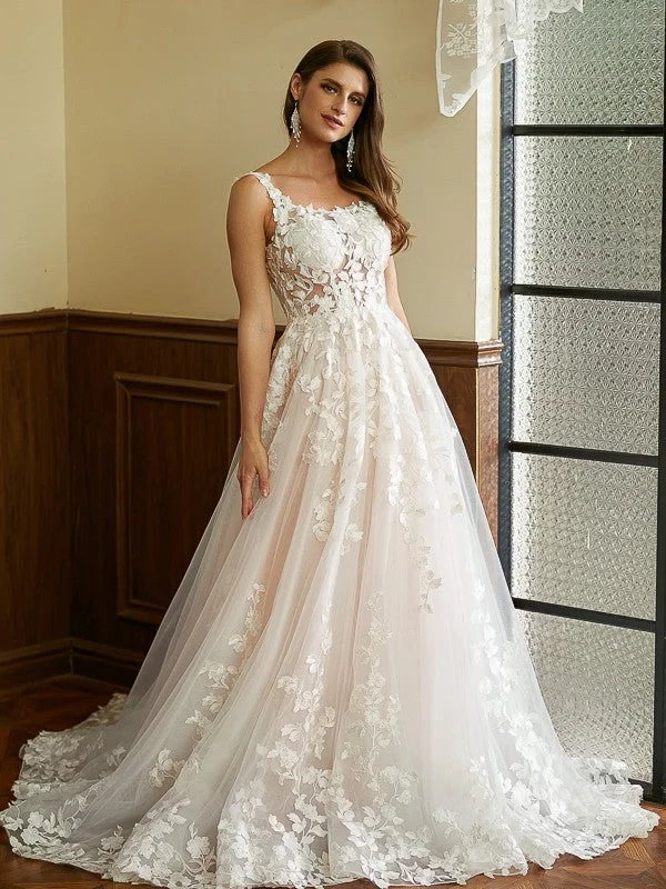 Weekend Offers Galore A-Line/Princess Tulle Applique Straps Sleeveless Court Train Wedding Dresses