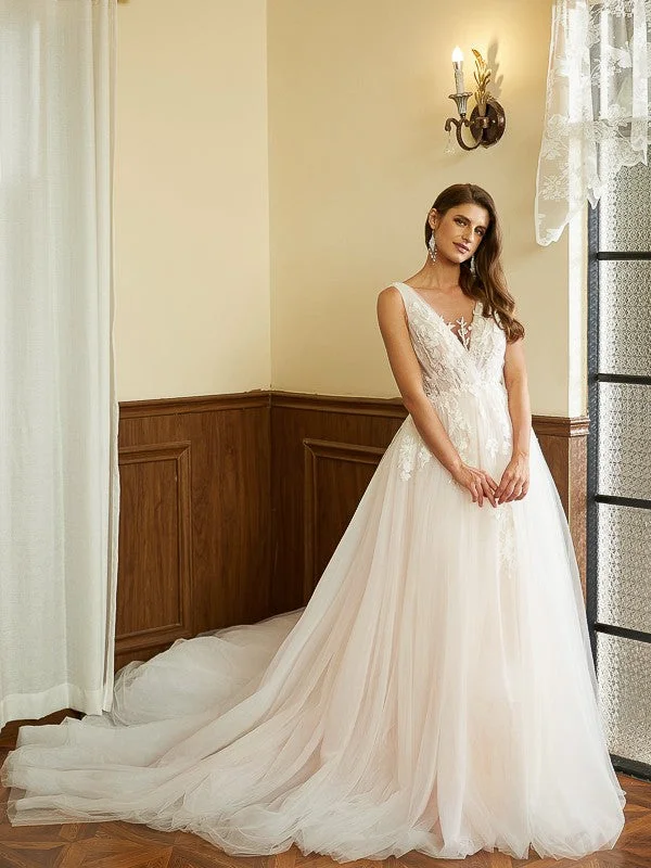 Weekend Buy More Save More A-Line/Princess Tulle Applique V-neck Sleeveless Cathedral Train Wedding Dresses