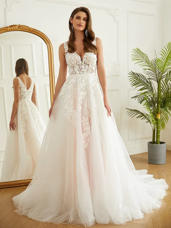 Weekend Deals You’ve Been Waiting For A-Line/Princess Tulle Applique V-neck Sleeveless Chapel Train Wedding Dresses
