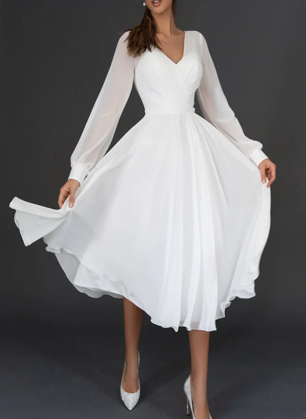 Limited-Time Deal A-line/Princess V-neck Tea Long Wedding Dress