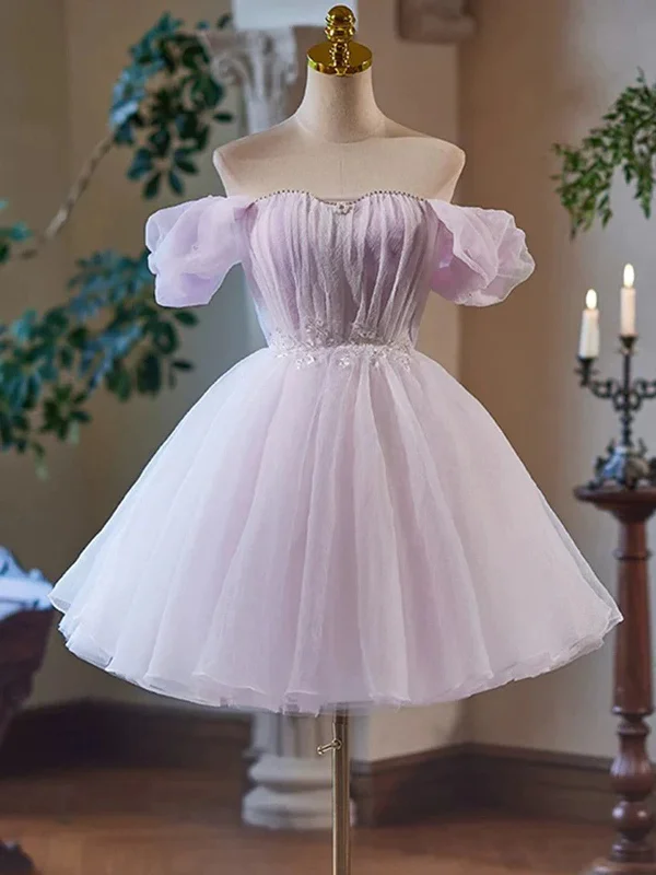 Flash Offer A Line Purple Tulle Short Prom Dresses, A Line Purple Tulle Short Formal Evening Homecoming Dresses