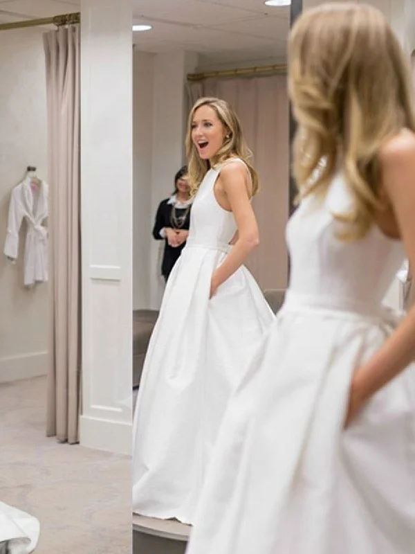 One-Day Sale A Line Round Neck White Prom Dresses with Cross Back, White Wedding Dress with Pocket
